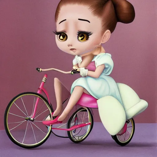 Image similar to ariana grande on a tricycle, lowbrow painting by mark ryden and pixar and hayao miyazaki