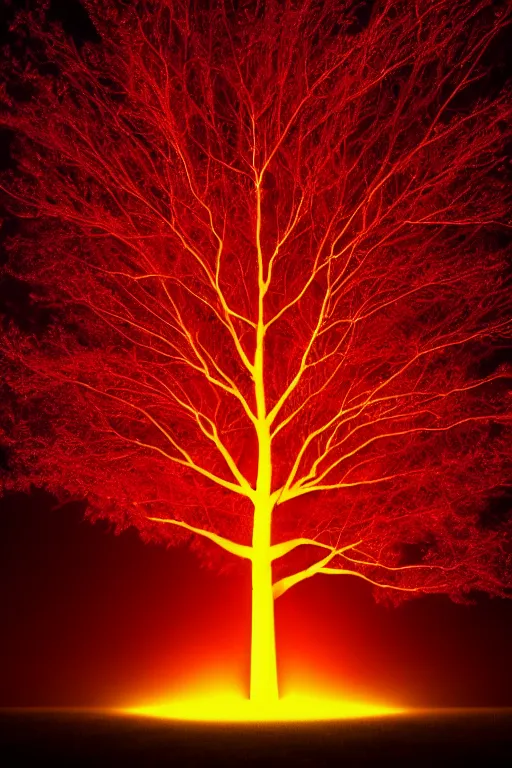 Image similar to A giant glowing red tree made out of light in the center of a corn field blasting off into space, 8K UHD