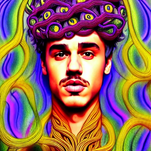 Image similar to an extremely psychedelic portrait of jusyin bieber as medusa, surreal, lsd, face, detailed, intricate, elegant, lithe, highly detailed, digital painting, artstation, concept art, smooth, sharp focus, illustration