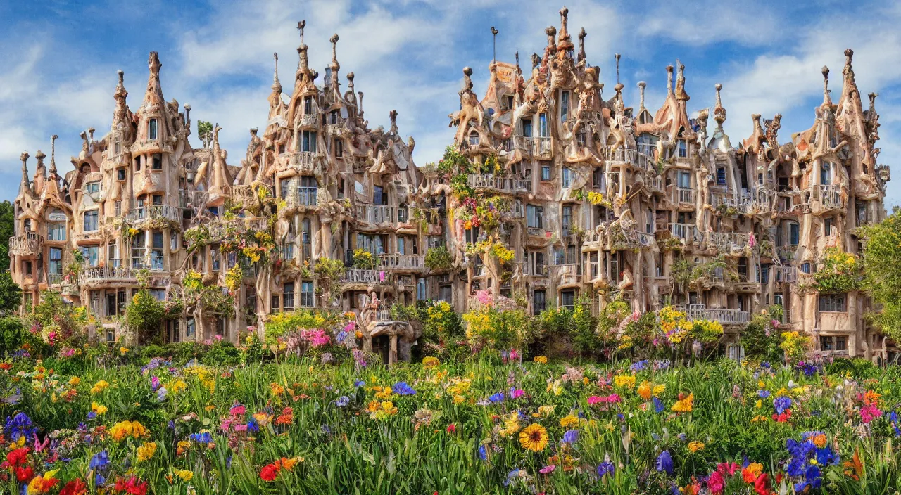 Prompt: a manor designed by Antoni Gaudí, with flower fields as foreground, with mountains as background, trending on artstation