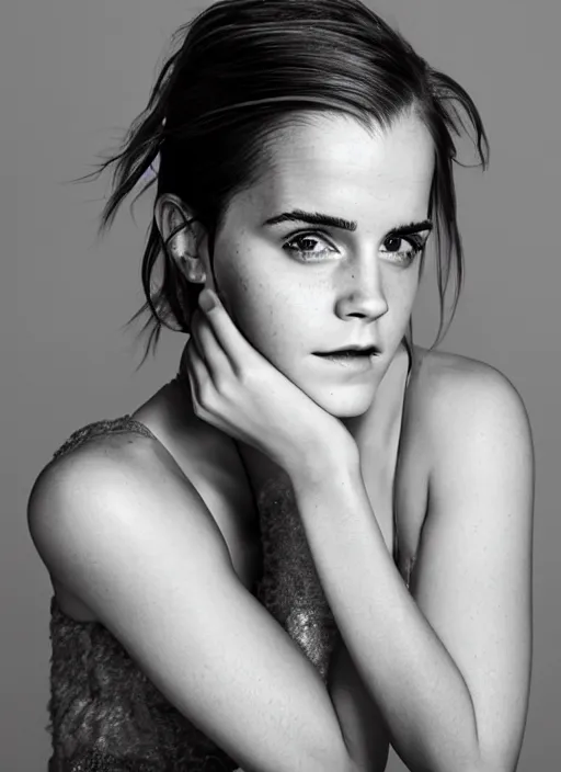 Image similar to Emma Watson sitting in chair for GQ, XF IQ4, 150MP, 50mm, f/1.4, ISO 200, 1/160s, natural light, Adobe Photoshop, Adobe Lightroom, DxO Photolab, Corel PaintShop Pro, rule of thirds, symmetrical balance, depth layering, polarizing filter, Sense of Depth, AI enhanced, HDR