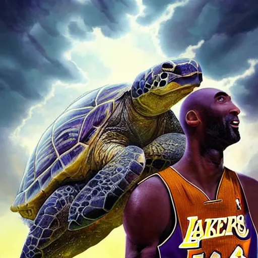 Image similar to kobe bryant kissing a giant turtle in heaven, photorealistic, side view, amazing digital art, amazing detail, fantasy art, artstatiom, cgsociety, epic art