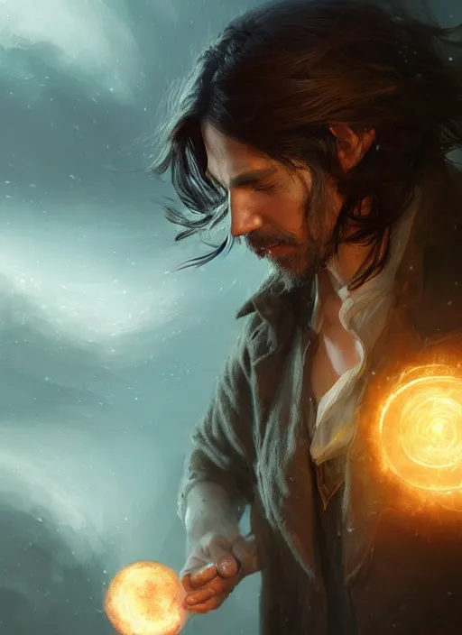 Image similar to side profile of a man with long black hair in brown rags holding a magical orb, fantasy, intricate, sharp focus, lens flare, bloom, illustration, highly detailed, digital painting, concept art, matte, art by ruan jia and wlop and greg rutkowski, masterpiece