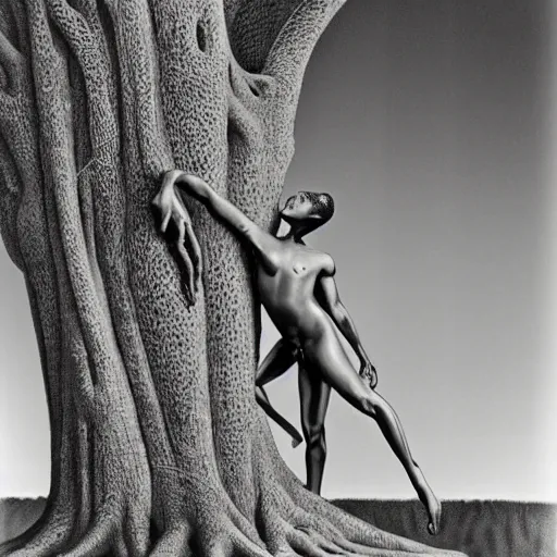 Image similar to by brett weston, by paul gustave fischer delicate, highly detailed. a computer art of a large, looming creature with a long, snake body. many large, sharp teeth, & eyes glow. wrapped around a large tree, bent under the weight. small figure in foreground, a sword, dwarfed by the size of the creature.