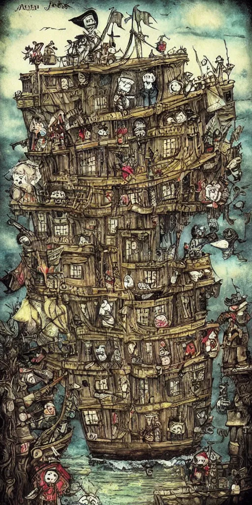 Image similar to a pirate scene by alexander jansson and where's waldo