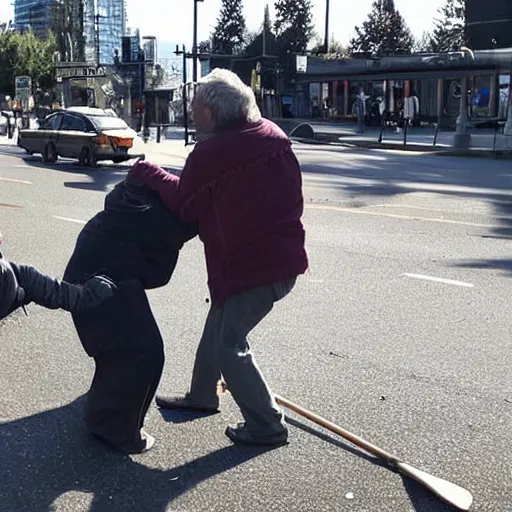 Prompt: homeless man attacking eldery lady with a stick in vancouver bc