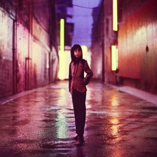 Image similar to 1990s perfect 8K HD professional cinematic photo of close-up japanese schoolgirl posing in dystopian alleyway with neon signs, at evening during rain, at instagram, Behance, Adobe Lightroom, with instagram filters, depth of field, taken with polaroid kodak portra