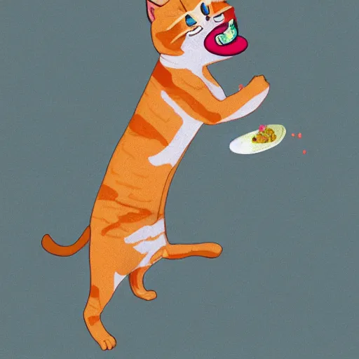 Image similar to orange tabby cat fighting an anthropomorphic bacon strip, realistic