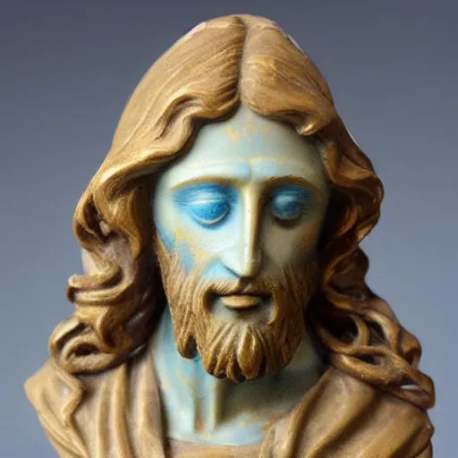 Prompt: holy roman chalkware Jesus bust antique painted pearlescent blue sacred Catholic