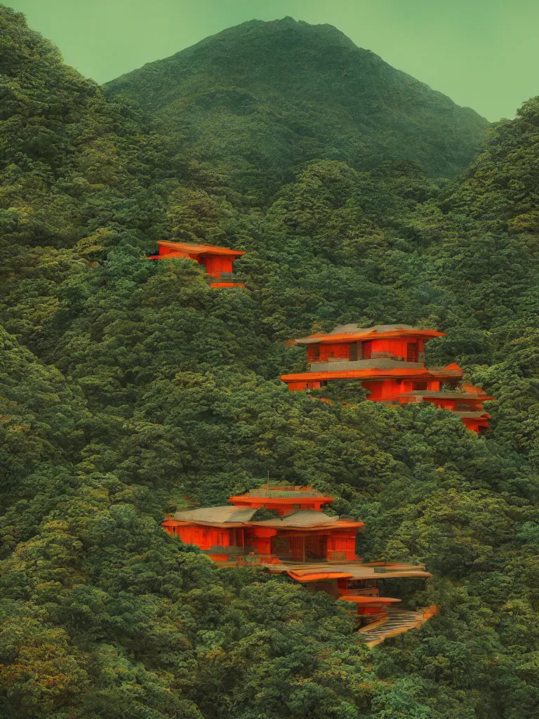 Prompt: Dojo on a mountain, Repetition and pattern, 3D matte illustration, bright green dark orange, Joe Fenton, John Jude Palencar, octane render, 8k, cinematic lighting