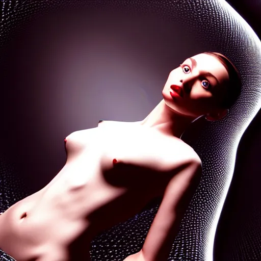 Image similar to hyperrealism photography computer simulation visualisation of parallel universe cgi scene with beautiful highly detailed ukrainian woman by caravaggio wearing neofuturistic neural interface by josan gonzalez - s 1 5 0