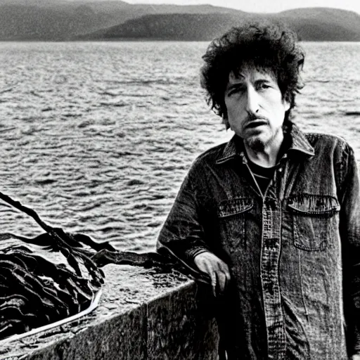 Image similar to bob dylan holding up bull kelp, gazing at it endearingly, photograph