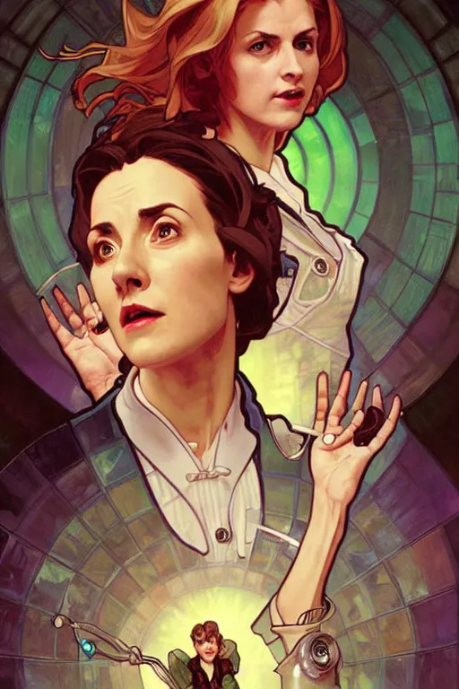 Image similar to doctor who, woman, as a mad dentist, on a plain green background, art by artgerm and greg rutkowski and alphonse mucha