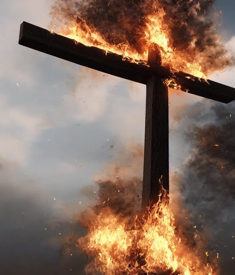 Image similar to a beautiful hyperrealistic detailed 3D render of a burning cross, by Anton Otto Fischer, Atey Ghailan, genzoman, unreal engine, octane render, gigantic, 3D, brilliantly coloured, intricate, ultra wide angle, trending on artstation, embers, smoke, dust, dusk, volumetric lighting, HDR, polished, micro details, ray tracing, 8k