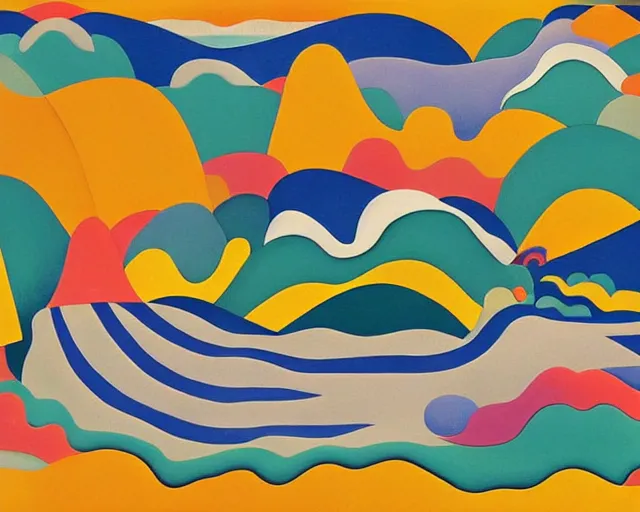 Prompt: An insane, modernist landscape painting. Wild energy patterns rippling in all directions. Curves, organic, zig-zags. Mountains. Clouds. Rushing water. Tarsila do Amaral.