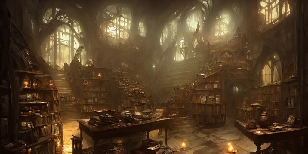 Image similar to ! dream dark book shop interior by bastien lecouffe - deharme and charles bowater, greg rutkowski, adventure game, inspired by diablo concept art