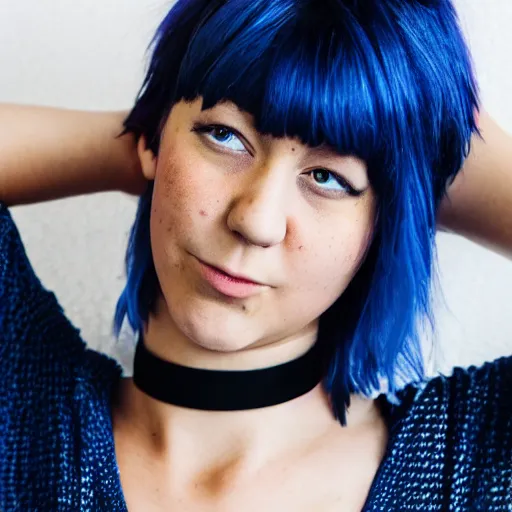 Image similar to Portrait of an unconventionally attractive young woman with short blue hair and a choker, portrait photography, upper body image, 35mm f/1.4, iso 100