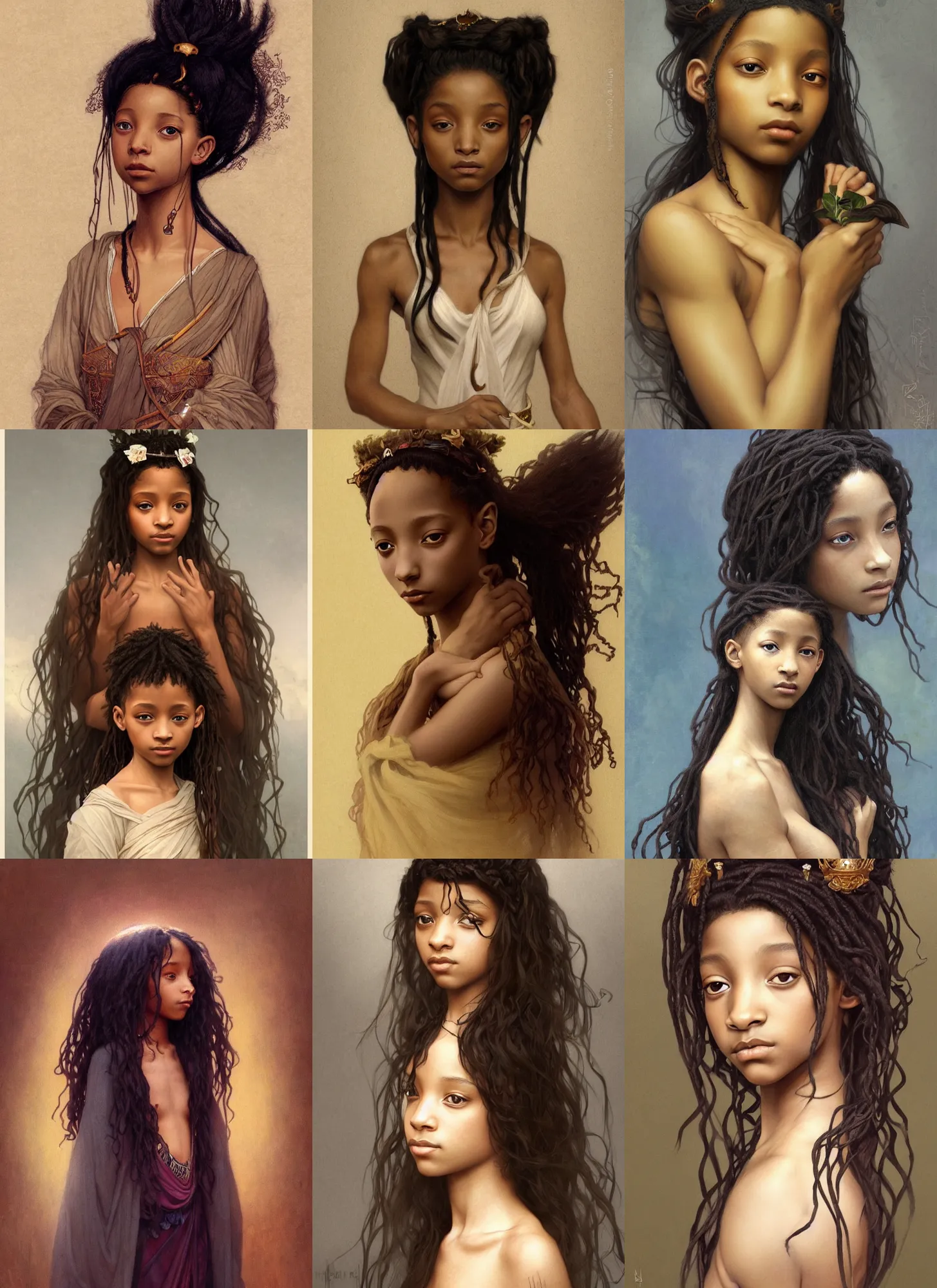 Prompt: willow smith young libu princess, long dark hair, beautiful bone structure, intricate, dark, highly detailed, digital painting, artstation, concept art, smooth, sharp focus, illustration, orientalism, bouguereau, rutkowski, mucha