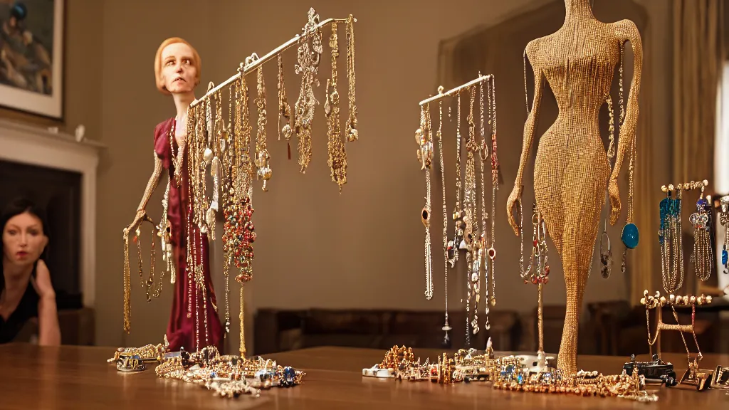 Image similar to a woman made of jewelry stands in the living room, film still from the movie directed by Denis Villeneuve with art direction by Salvador Dalí, wide lens, 4K, realistic