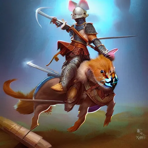 Image similar to hamster knight riding his trusty cat steed into battle, digital fantasy art, high resolution