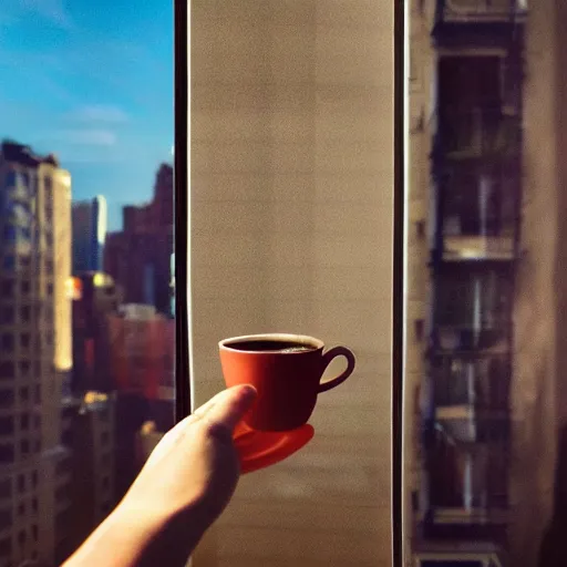 Image similar to “ a girl holding a cup of coffee looking out a window overlooking the east village in new york city, morning light, by beeple ”