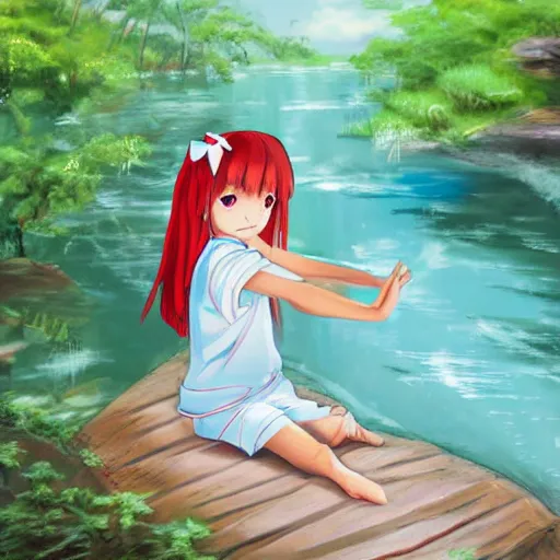 Prompt: 7 years old rina playing with the water, wearing white cloths, and a red bow in her hair, sitting by the side of a creek, in the painting style of anime, 8 k, detailed, tele photo lens, rule of thirds