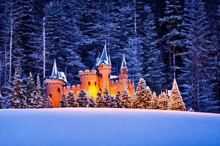 Image similar to Beautiful castle in the heart of the forest and snow-capped mountains at night, hyperdetailed, photo realistic, dramatic lighting, Nat Geo award winner, 100mm lens, bokeh