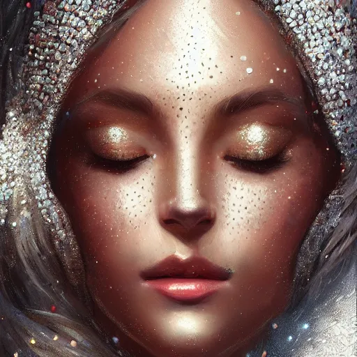 Prompt: a beautiful portrait of a diamond goddess with glittering skin and closed eyes, a detailed painting by greg rutkowski and raymond swanland, featured on cgsociety, fantasy art, detailed painting, artstation hd, photorealistic