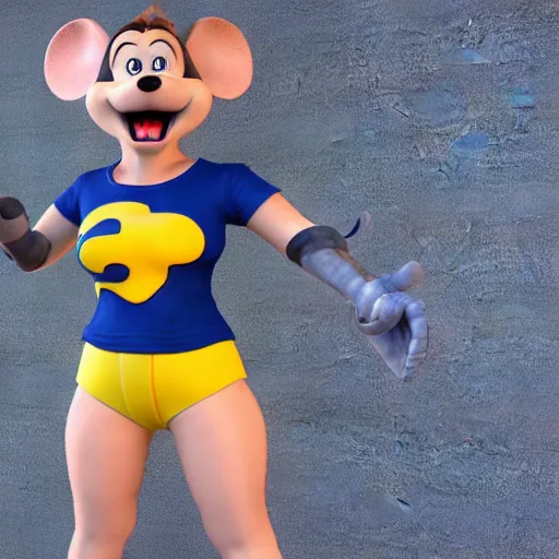 Image similar to 3 d render, portrait, upper body shot, mid shot, anthropomorphic mouse, female, wearing denim short shorts and a off yellow tank top shirt, in the style of rescue rangers