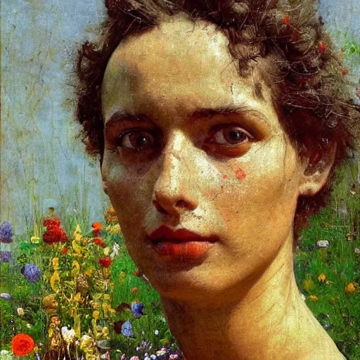 Image similar to a sculpture portrait made of water and sand and flowers and plants, painting part by wojciech siudmak, part by ilya repin, part by max ernst, part by norman rockwell, artstation