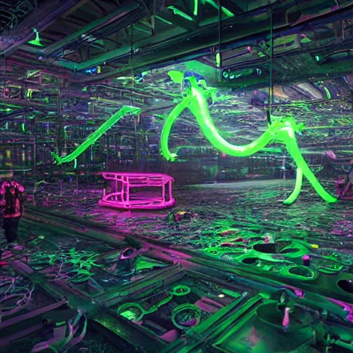 Image similar to epic scene of a large neon mechanical toad is being built by a team of people in a very creepy and dark warehouse, heaps of colored computer screens, glowing cables, dust, smoke, intricate details, ultra - realistic, 8 k, octane render, hyper realism