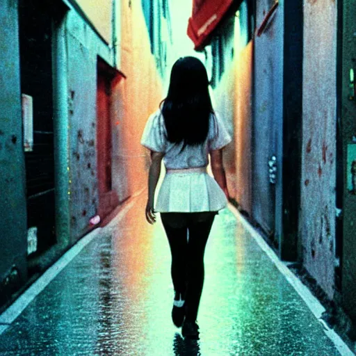 Prompt: 1990s perfect 8K HD professional cinematic photo of close-up japanese schoolgirl walking in dystopian alleyway with neon signs, at evening during rain, at instagram, Behance, Adobe Lightroom, with instagram filters, depth of field, taken with polaroid kodak portra