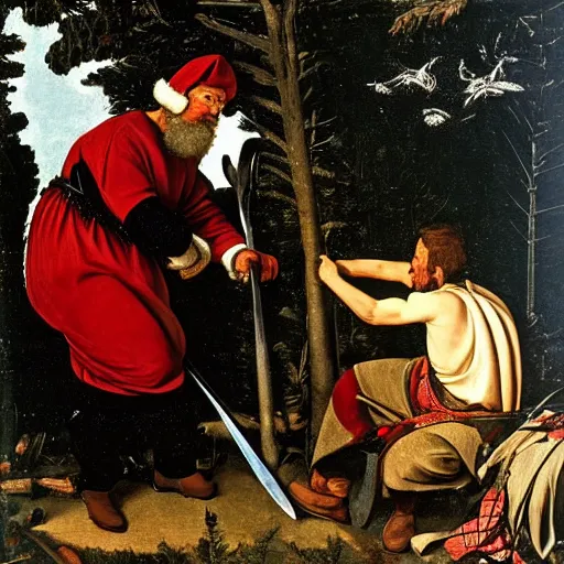 Image similar to Father Christmas cutting down a pine tree with an axe. Painted by Caravaggio