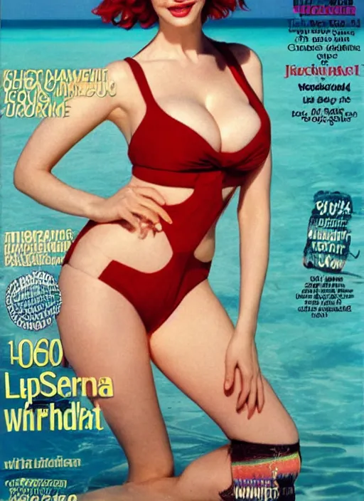 Prompt: christina hendricks on the cover of swimsuit illustrated 1 9 8 0