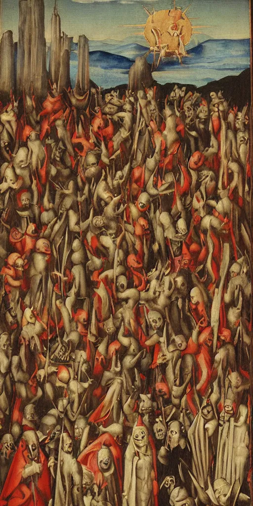 Image similar to a solemn congregation of all of the devils in hell, painted by jean fouquet