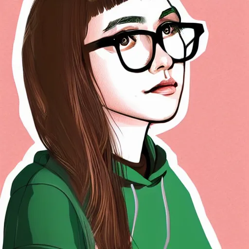 Prompt: portrait of a teenage girl with bangs, brown hair and bangs, round silver glasses, wearing a pastel green hoodie with black sleeves, digital art, elegant pose, illustration with thick lineart