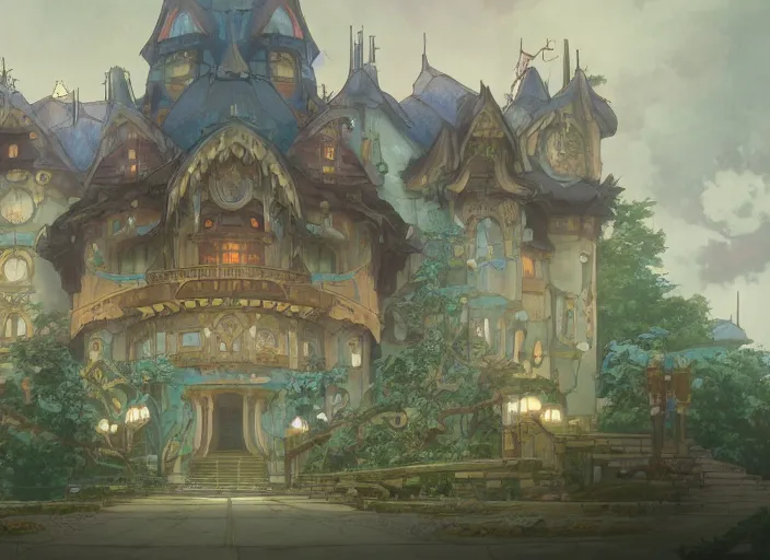 Prompt: pagan building, anime, studio ghibli, concept art, mucha, unreal engine, peter mohrbacher, makoto shinkai, 8 k, art nouveau, castle, japanese mythology, elegant