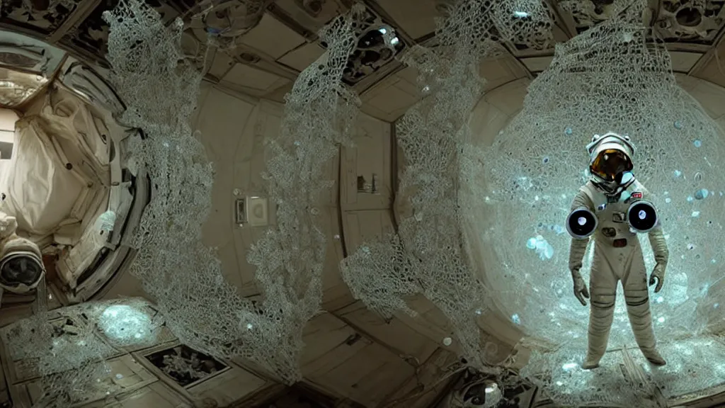 Image similar to a astronaut eva suit covered in diamond 3d fractal lace iridescent bubble 3d skin and covered with insectoid compound eye camera lenses floats through the living room, film still from the movie directed by Denis Villeneuve with art direction by Salvador Dalí, wide lens,