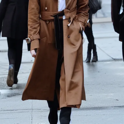 Prompt: movie still of evan rachel wood with dark brown long hair with bangs wearing a trench coat walking in new york city