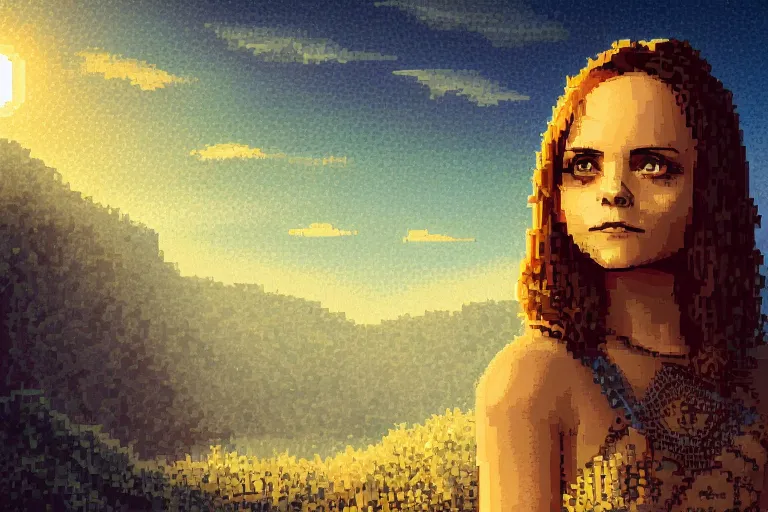 Image similar to christina ricci under the dark sun, beautiful detailed pixelart by albertov, intricate details, beautiful, dithered gradients, volumetric lighting, cgsociety, artstation, 2. 5 d illustration, dan mumford