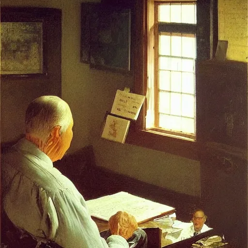 Prompt: poor grandpa trying to figure out how to send an email sitting in his small room looking at his lenovo thinkpad laptop t 4 1 0 8 gb ram jamie wyeth greg rutkowski winslow homer thomas eakins lucian freud edward hopper j. m. w. turner oil painting