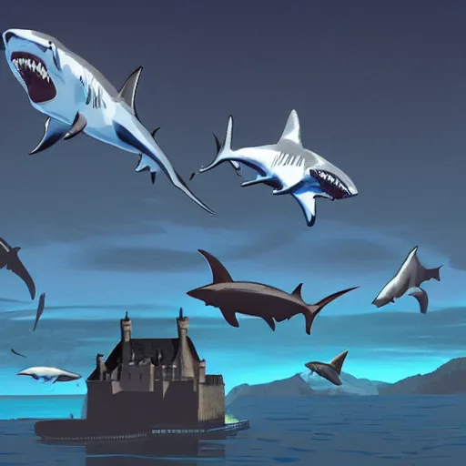 Prompt: sharks swimming above Edinburgh Castle, concept art in style of Greg Rutkowki, dynamic lighting