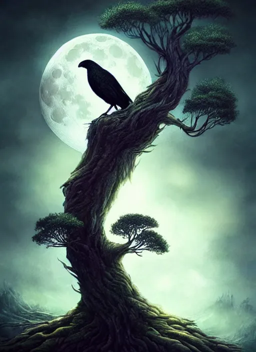 Image similar to side portrait dark crow on tree in front of the full big moon, fine art, awesome fantasy book cover on Pinterest, award winning, fantasy forest landscape, fantasy magic, dark golden light night, intricate, elegant, sharp focus, illustration, highly detailed, digital painting, concept art, matte, art by WLOP and Artgerm and Greg Rutkowski, masterpiece, trending on artstation