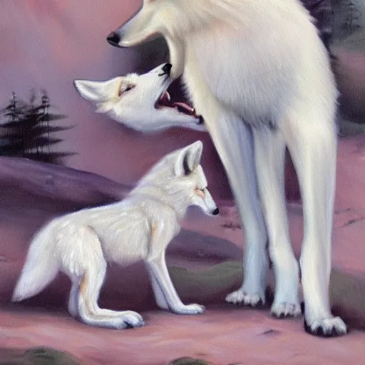 Image similar to A White Wolf kissing a Fox, oil painting