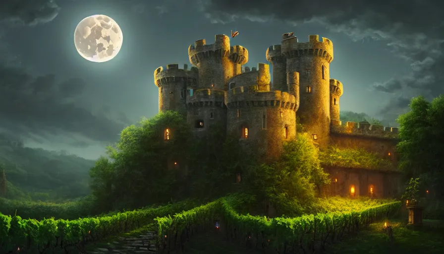 Image similar to a living castle, vines, forest, hyperrealistic, highly detailed, cinematic, single ray of moon, dark sky, beautiful, cgssociety, artstation, 8 k, oil painting