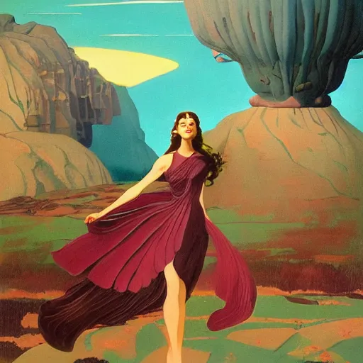 Image similar to a oil painting of a fair skin with dark curly stylised hair queen wearing dress, by hans emmenegger, by bruce pennington, by eyvind earle, by nicholas roerich, by frank frazetta, by georgia o keeffe, highly detailed, realistic, concept art, jewels, tiles curtains, oriental, desaturated