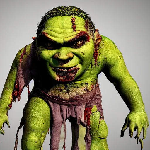 Image similar to unsettling creepy cursed zombie Shrek, high quality 4k cgsociety unreal engine render, injured infected Shrek zombie DreamWorks ® UnrealEngine (2032)