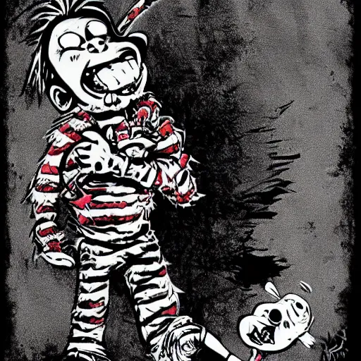 Image similar to grunge cartoon drawing of chucky by - dr seuss , loony toons style, horror themed, detailed, elegant, intricate