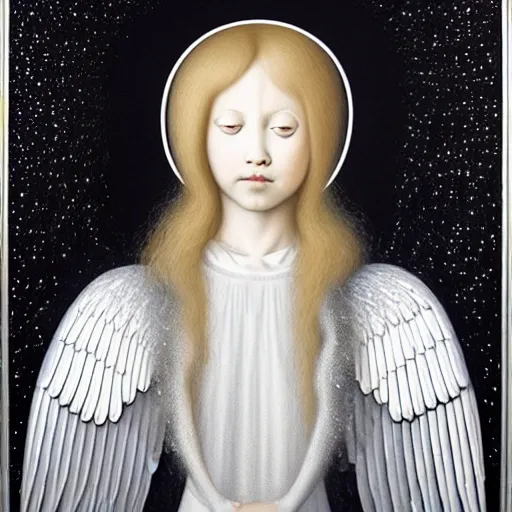 Image similar to highdetailed hyperrealistic painting of white angel!!! no gender smiling noface!!!, light instead of hands, white sparkles everywhere, 4 k hd face!!!, big silver high detailed wings!!!, renaissance, by jan van eyck, holography space, glow effect, large strokes, monochrome!!!!!