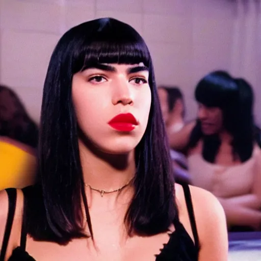 Prompt: Live Action Still of Dua Lipa in Pulp Fiction, real life, hyperrealistic, ultra realistic, realistic, highly detailed, HD quality, 8k resolution, film still